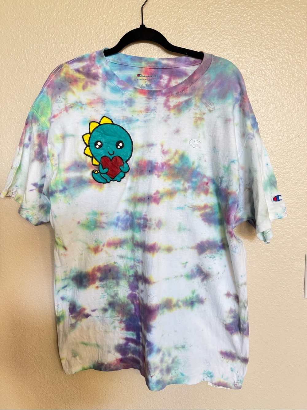 Champion Men’s Tie-Dye Tee with Teal Dino and Red Heart Cute
